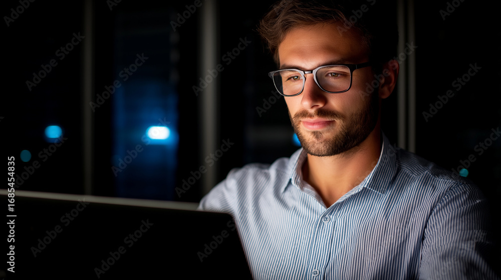 Aufkleber a technician inside a server room monitoring a laptop glowing racks of servers illuminating the dark