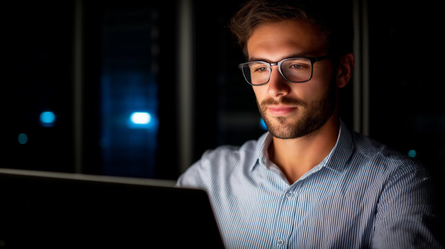 A technician inside a server room monitoring a laptop glowing racks of servers illuminating the dark environment focused expression highlighting precision scene emphasizing
