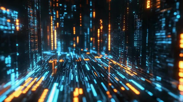 Digital data flowing through cyberspace corridor visualization