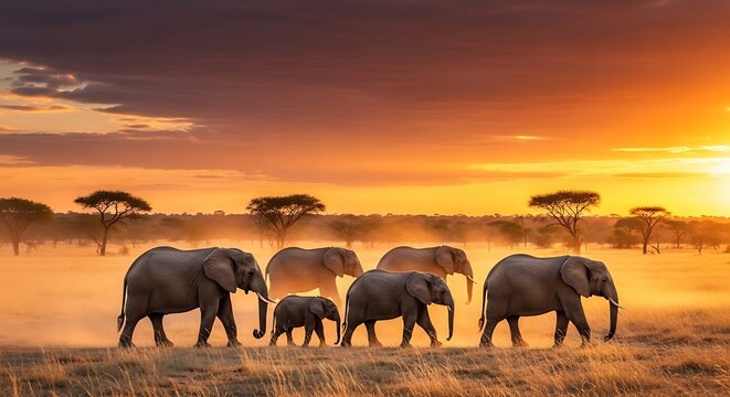 Majestic african elephant herd silhouetted against a fiery sunset savannah landscape - Powered by Adobe
