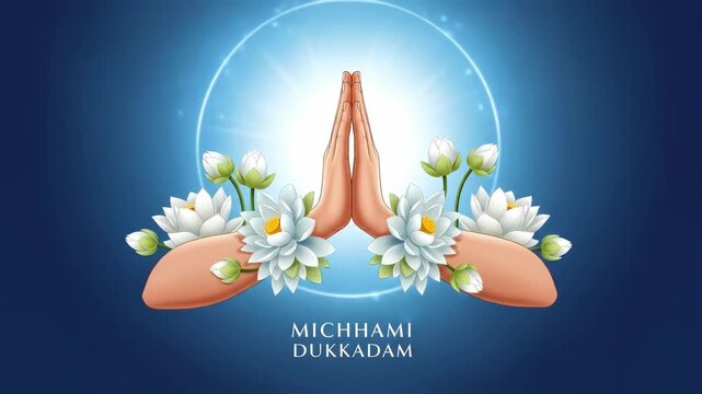 Radiant floral meditation transition with namaste gesture and blossoming lotus