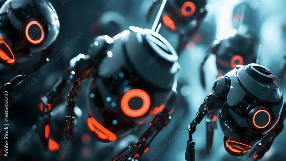 Poster swarm of surveillance robots flying and monitoring with red lights