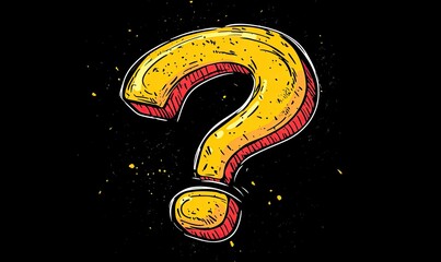 Bold yellow question mark, red outlines, black background