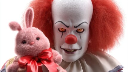 A sinister clown with red hair holds a pink bunny toy, featuring exaggerated facial features and a menacing expression, Halloween clipart isolated on white background