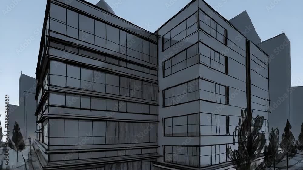 Poster Modern office building sketch in urban setting with trees