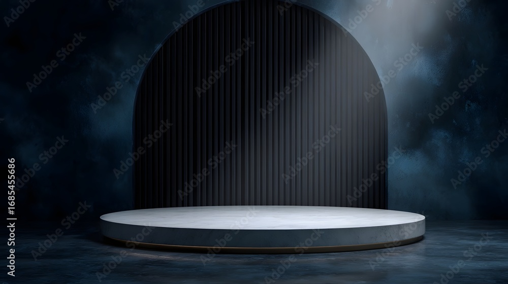 Canvas Prints modern circular concrete podium on a dark textured floor set against an elegant ribbed arch backdrop