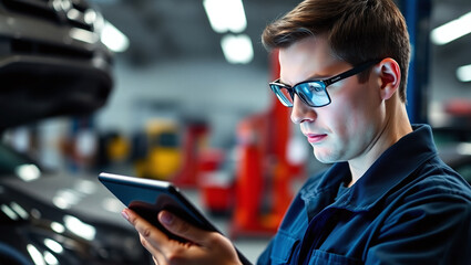 technician with focused expression is using tablet in workshop