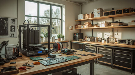 A well-lit workshop with a 3D printer, electronic components, tools, and storage shelves stocked with supplies, suggesting a space for creation and repair.