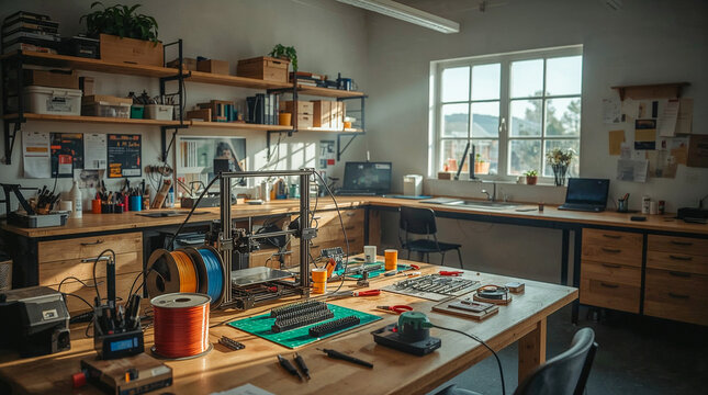 A well-lit workshop with a 3D printer, spools of filament, tools, and various components organized on wooden workbenches and shelves.