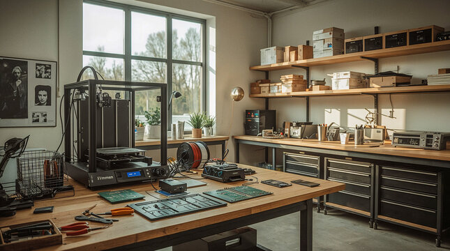 A well-lit workshop with a 3D printer, electronic components, tools, and storage shelves stocked with supplies, suggesting a space for creation and repair.