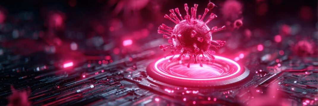 A stylized digital depiction of a virus surrounded by a glowing circular element on a high-tech background, emphasizing themes of technology and health.
