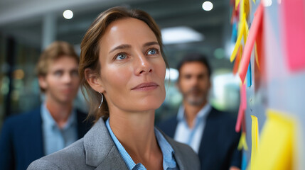 A female business team gathered around a board with sticky notes brainstorming schedules and reminders professional outfits with contemporary styling bright indoor light and