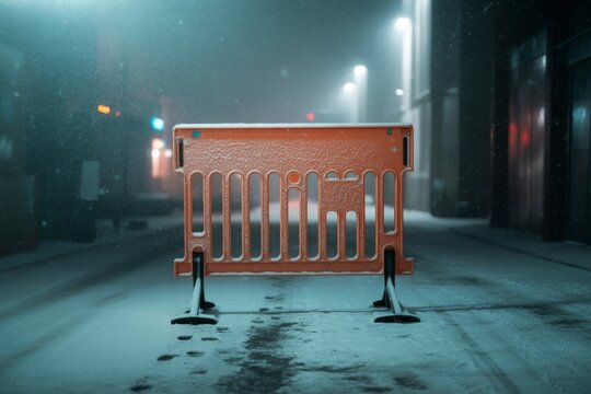 Vivid orange safety barricade lightly glowing in atmospheric misty urban night scene - Powered by Adobe