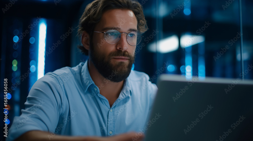 Poster a programmer in a server room typing quickly on a laptop surrounded by glowing wires and racks conce