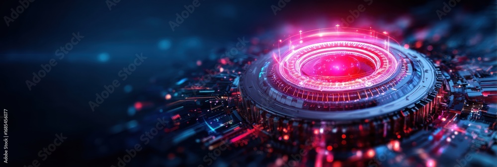 Poster a futuristic digital design featuring intricate circular patterns and vibrant neon colors, suggestin