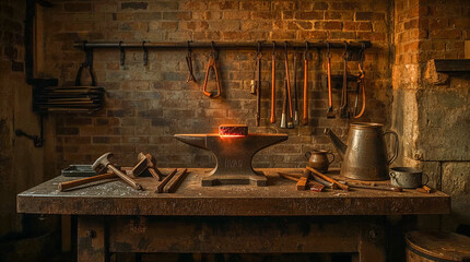 A blacksmith's anvil with glowing hot metal sits on a workbench, surrounded by tools, against a brick wall. A vintage watering can is also visible.