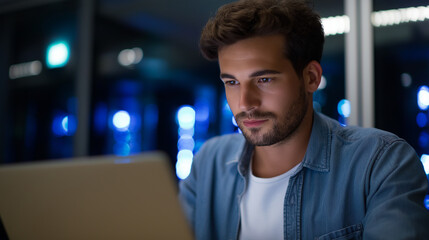 A programmer in a server room typing quickly on a laptop surrounded by glowing wires and racks concentrated gaze reflecting dedication cool blue lights enhancing the futuristic