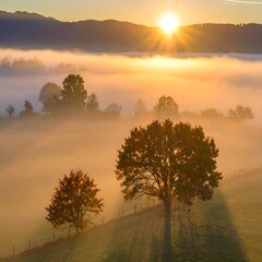 Sunrise over a misty valley with autumn trees