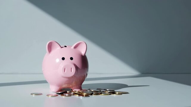 Pink piggy bank stands on a white surface with scattered coins, illuminated by a soft, directional light creating a distinct shadow, symbolizing savings, investment, and financial growth
