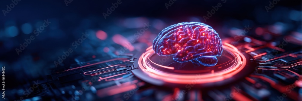 Poster a futuristic digital representation of a brain surrounded by intricate circuitry, highlighting theme