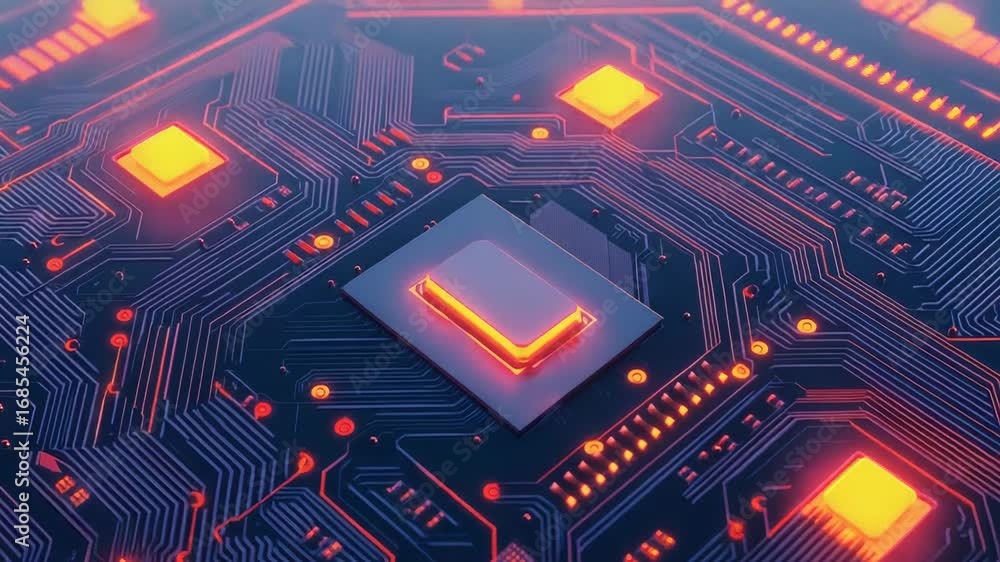 Poster Futuristic glowing circuit board showing data flowing through electronic components