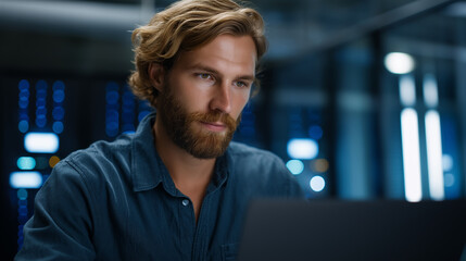 A programmer in a server room typing quickly on a laptop surrounded by glowing wires and racks concentrated gaze reflecting dedication cool blue lights enhancing the futuristic