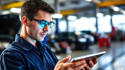 technician with focused expression is using tablet in garage