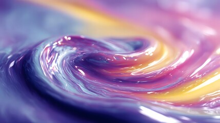 Vibrant rainbow liquid swirls with a glossy reflective surface creating a dynamic abstract background with captivating colors and movement