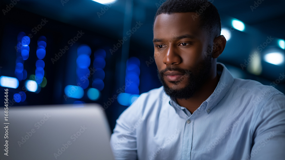 Poster a programmer in a server room typing quickly on a laptop surrounded by glowing wires and racks conce