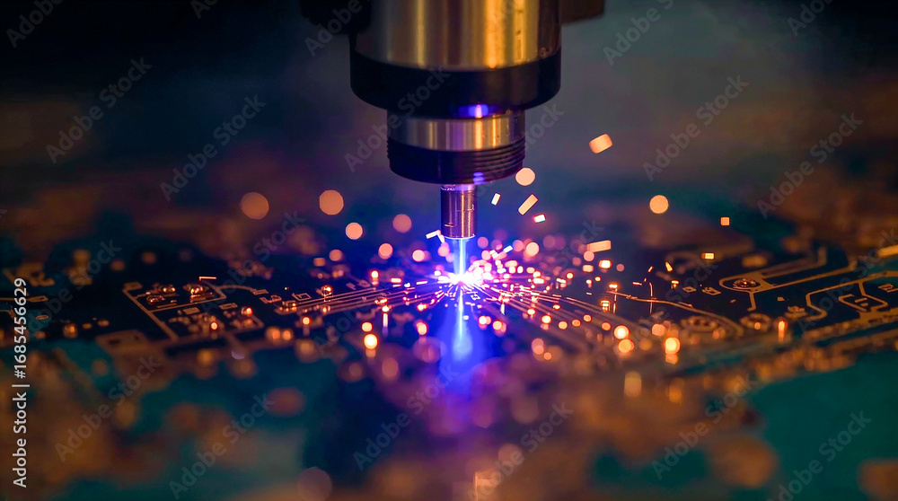 Poster a close-up of a laser cutter creating sparks on a circuit board, highlighting advanced technology an