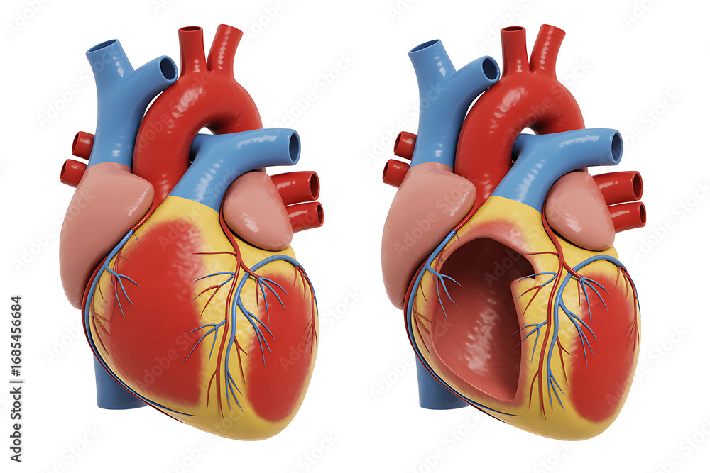 Poster 3d rendering comparing a healthy human heart with a diseased heart showing structural differences