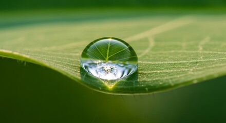 Close-up macro view of a single glistening water droplet on a vibrant green leaf surface