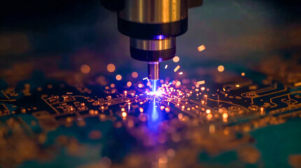 A close-up of a laser cutter creating sparks on a circuit board, highlighting advanced technology and manufacturing processes.