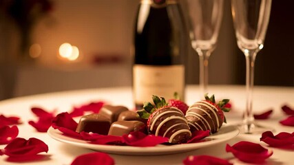 Evening of Romance, Chocolate Strawberries, Champagne, and Red Rose Petals on White Table - Powered by Adobe