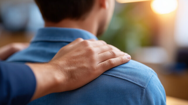 A compassionate therapy group supporting a crying participant hands gently placed on shoulders warm soft light emphasizing empathy composition symbolizing emotional healing com