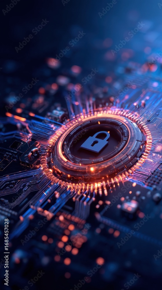 Poster a digital circuit board with a padlock symbol, representing cybersecurity and data protection in a f