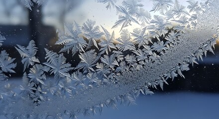 Close up of frost crystals on delicate plant leaves in winter sunlight creating a magical icy texture