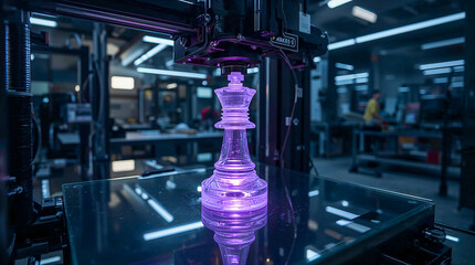A 3D printer illuminates a clear chess king piece with purple light in a workshop setting. The piece reflects on the glass print bed.