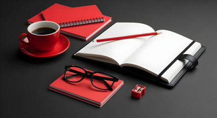 Overhead Arrangement of Red Mug Notebooks Pencil and Glasses on Dark Desktop