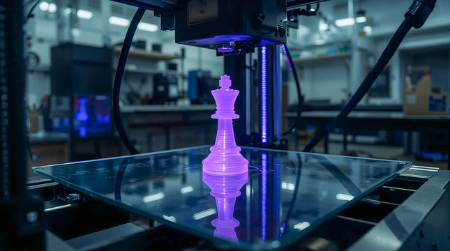A 3D printer creates a translucent purple chess king on a glass platform in a dimly lit workshop. The piece reflects the machine's blue light.
