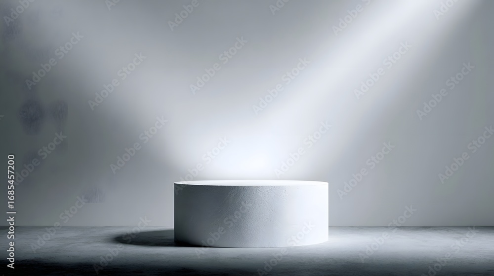 Poster empty white cylindrical podium illuminated by a single spotlight against a clean grey background wit