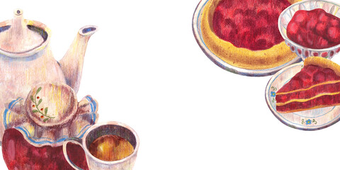 Porcelain cup and teapot, summer fruits jam in jar and fruit pie with piece on plate. Watercolor illustration. For tea party ceremony, vintage kitchen table setting, menu design banners and clip art