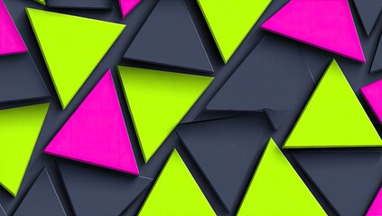 A vibrant pattern of overlapping triangles in bold neon pink and lime green, set against a dark gray background, creating a dynamic and energetic visual effect.
