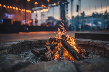 A bonfire burns brightly at an outdoor music festival or event. Ideal for summer, friendship, relaxing, and outdoor lifestyle themes.