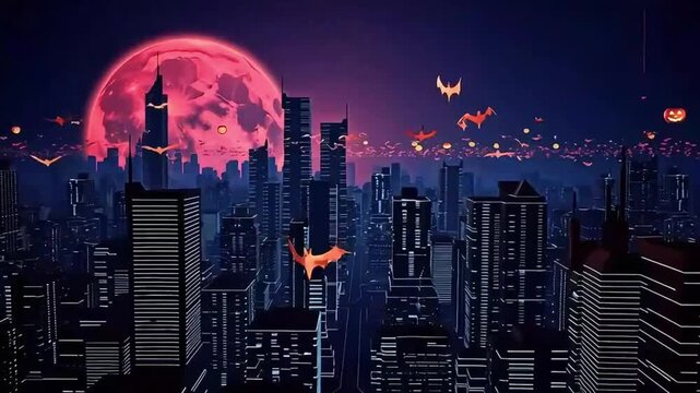 City skyline beneath a large red moon with distant floating glowing lanterns nighttime
