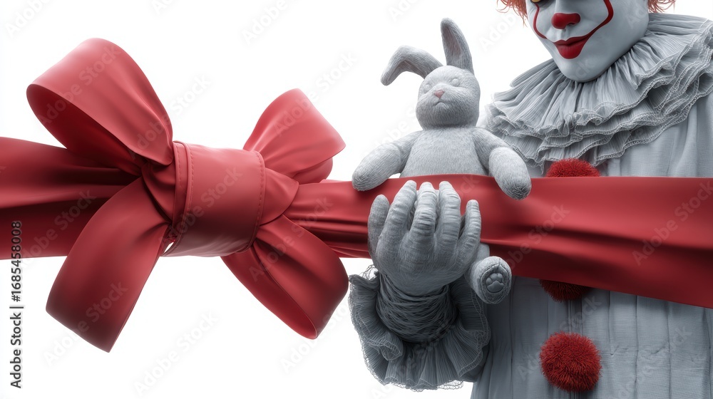 Poster a whimsical clown holds a soft gray rabbit toy and a large red bow, creating a playful and surreal a