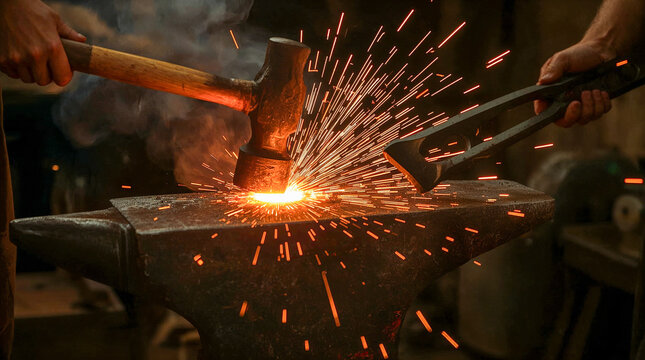 A blacksmith hammers a glowing hot piece of metal on an anvil, sending a shower of sparks flying in a dramatic display of craftsmanship. - Powered by Adobe