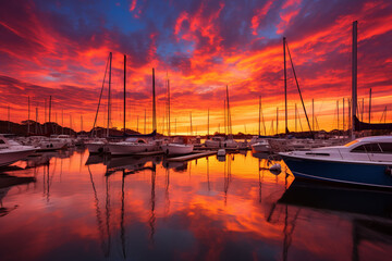 A stunning sunset over a yacht-filled harbor