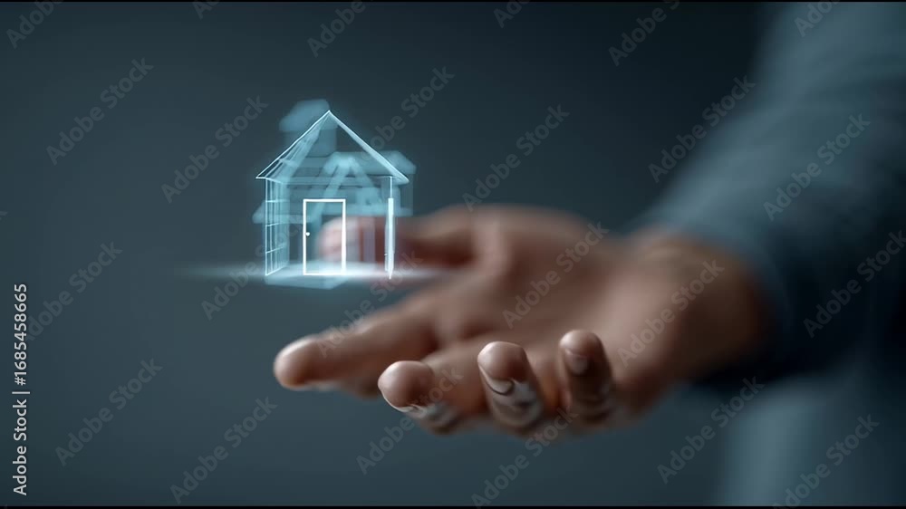Poster professional architect exploring housing solutions, selecting glowing wireframe house model on inter