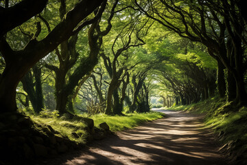 Naklejka premium A forest path with sunlight filtering through lush green trees